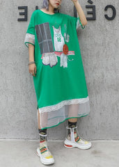 Chic green print cotton quilting clothes patchwork o neck Traveling summer Dresses AT-SDL190614