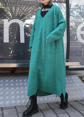 Chic low high design Sweater v neck weather Quotes blue Big knit dresses AT-NSD191023