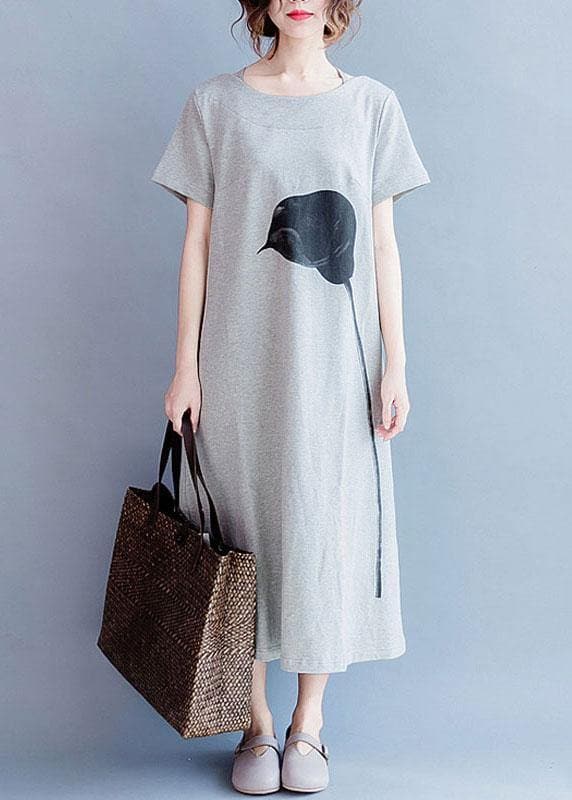 Chic o neck cotton summer Tunics gray print long Dresses SDL200425