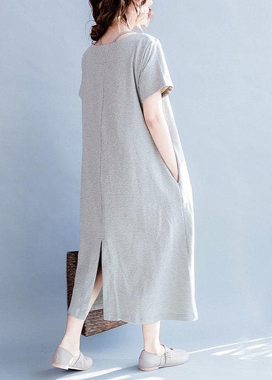 Chic o neck cotton summer Tunics gray print long Dresses SDL200425