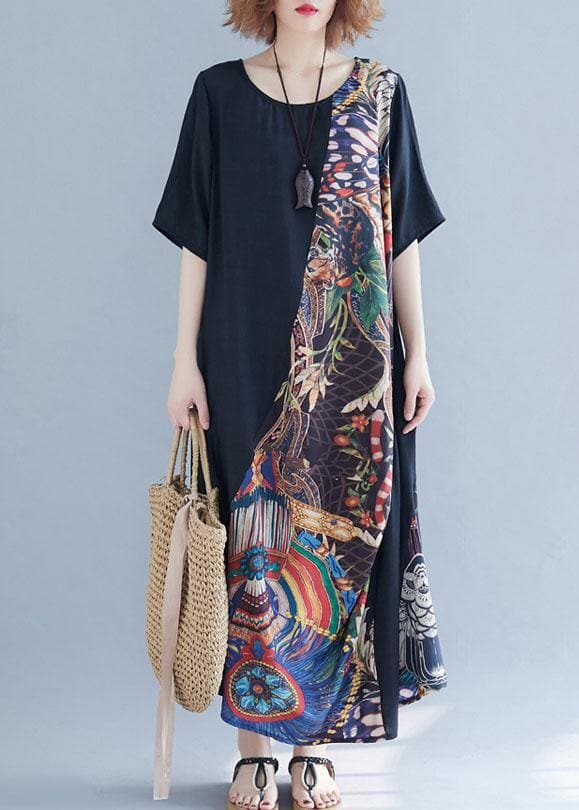 Chic o neck patchwork cotton summer dresses Photography black Robe Dress SDL200425