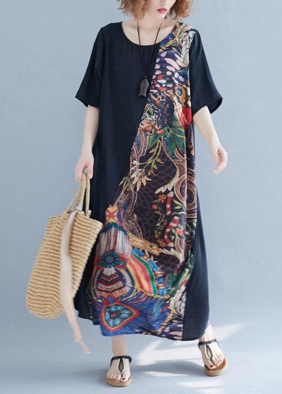 Chic o neck patchwork cotton summer dresses Photography black Robe Dress SDL200425