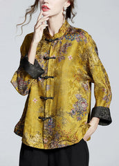 Chinese Style Golden Brown Stand Collar Button Print Silk Coats Long Sleeve ZS-LTP220317