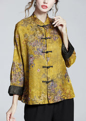 Chinese Style Golden Brown Stand Collar Button Print Silk Coats Long Sleeve ZS-LTP220317