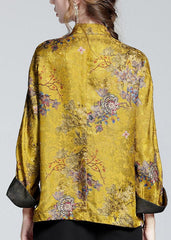 Chinese Style Golden Brown Stand Collar Button Print Silk Coats Long Sleeve ZS-LTP220317