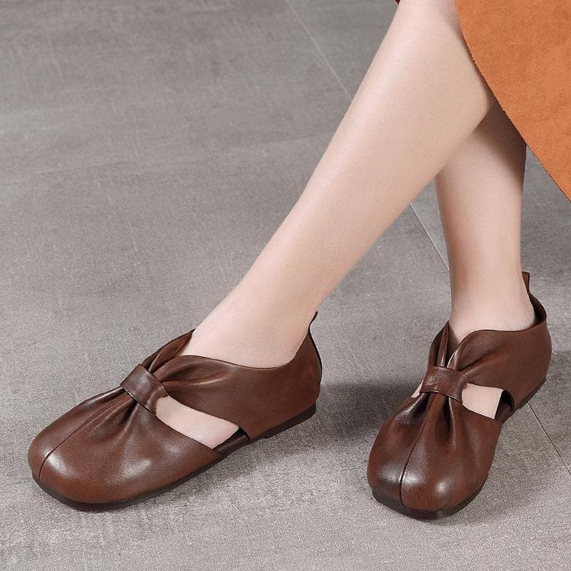 Chocolate Beautiful Hollow Out Flat Feet Shoes Cowhide Leather XZ-PDX210624