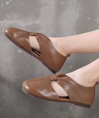 Chocolate Beautiful Hollow Out Flat Feet Shoes Cowhide Leather XZ-PDX210624