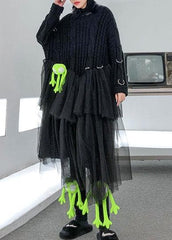 Christmas high neck patchwork tulle Sweater spring Beautiful black baggy knit dresses AT-NSD191231