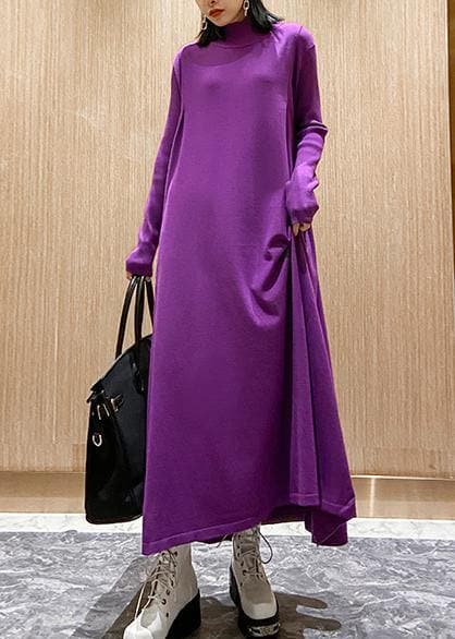 Christmas purple Sweater weather Women high neck large hem tunic fall knit dress AT-FDL201105