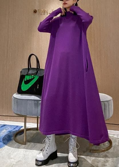 Christmas purple Sweater weather Women high neck large hem tunic fall knit dress AT-FDL201105