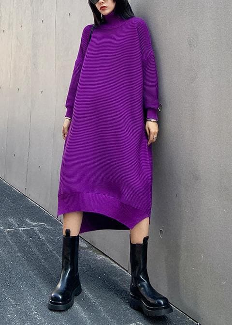 Chunky high neck low high design Sweater fall weather Upcycle purple oversized knitted dress AT-NSD201014