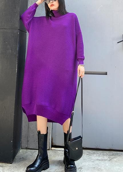 Chunky high neck low high design Sweater fall weather Upcycle purple oversized knitted dress AT-NSD201014