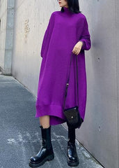 Chunky high neck low high design Sweater fall weather Upcycle purple oversized knitted dress AT-NSD201014