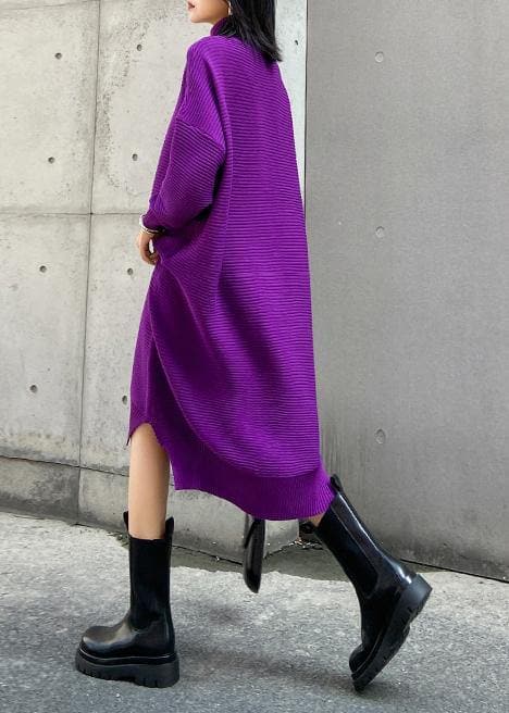 Chunky high neck low high design Sweater fall weather Upcycle purple oversized knitted dress AT-NSD201014