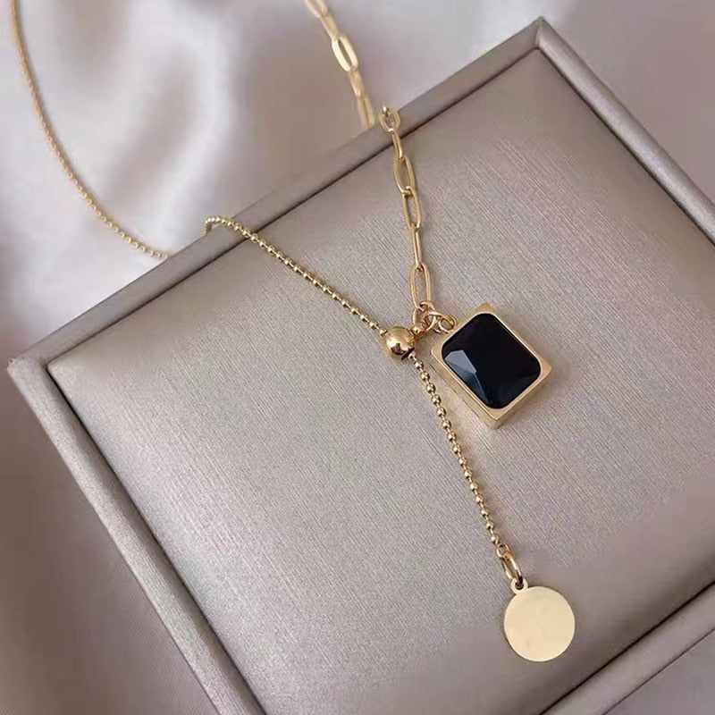 Classic Black Gem Square Stainless Steel Necklaces Charm Jewelry NCJT24 Touchy Style