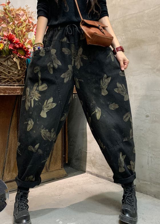 Classy Black Cinched Print denim harem Pants Winter NZ-LPTS220105