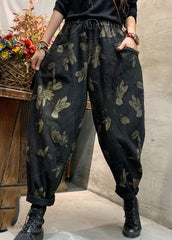 Classy Black Cinched Print denim harem Pants Winter NZ-LPTS220105