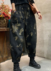 Classy Black Cinched Print denim harem Pants Winter NZ-LPTS220105