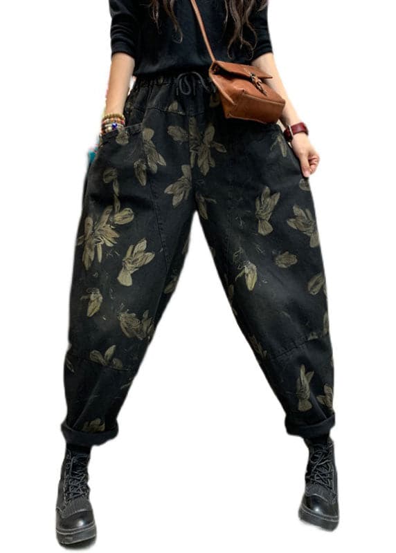 Classy Black Cinched Print denim harem Pants Winter NZ-LPTS220105