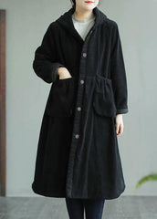 Classy Black Fine Maxi Coat Sewing Hooded Pockets Women Coats TCT210101