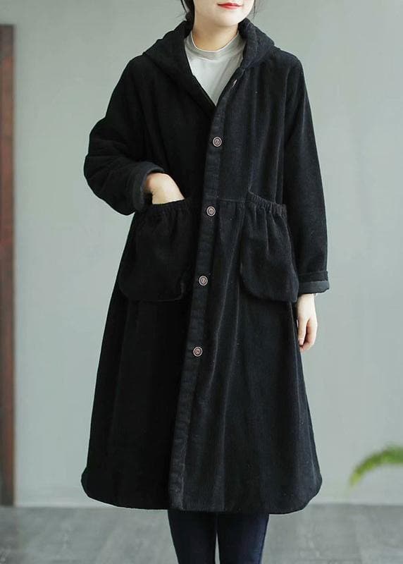 Classy Black Fine Maxi Coat Sewing Hooded Pockets Women Coats TCT210101