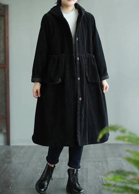 Classy Black Fine Maxi Coat Sewing Hooded Pockets Women Coats TCT210101