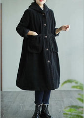 Classy Black Fine Maxi Coat Sewing Hooded Pockets Women Coats TCT210101