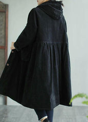 Classy Black Fine Maxi Coat Sewing Hooded Pockets Women Coats TCT210101