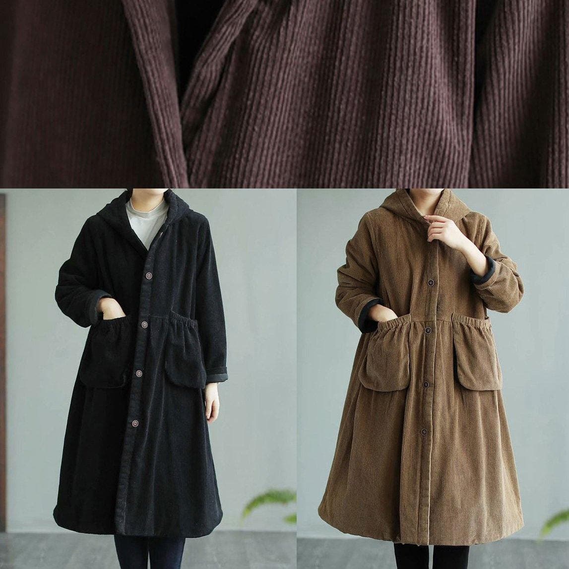 Classy Black Fine Maxi Coat Sewing Hooded Pockets Women Coats TCT210101