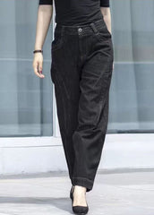 Classy Black High Waist Pockets Patchwork Cotton Denim Pants Summer NZ-LPTS22060701