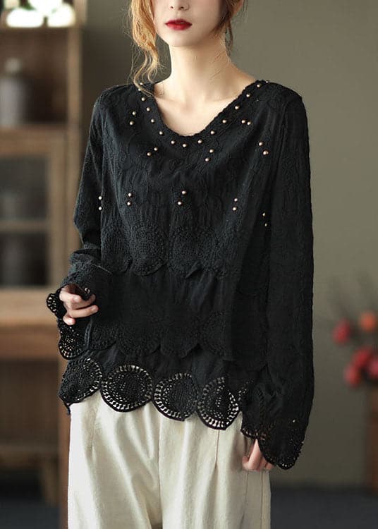 Classy Black fashion V Neck Nail bead Fall Tops Long sleeve GK-LTP211019