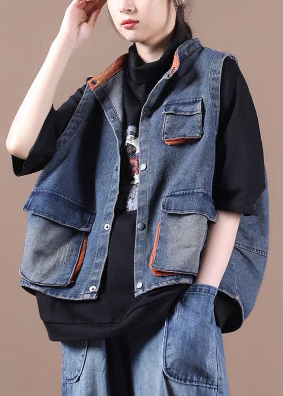 Classy Blue Button Pockets Patchwork Fall Denim Waistcoat WT-WG-VTP210914