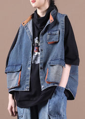 Classy Blue Button Pockets Patchwork Fall Denim Waistcoat WT-WG-VTP210914