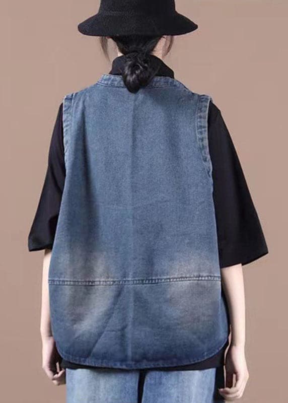 Classy Blue Button Pockets Patchwork Fall Denim Waistcoat WT-WG-VTP210914