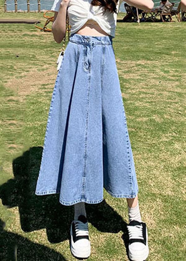 Classy Denim Light Blue High Waist Patchwork Button Cotton A Line Skirts Summer nz-SKTS220524