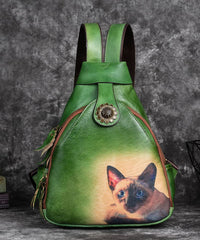 Classy Green kitten Print Calf Leather Backpack Bag BGS211230