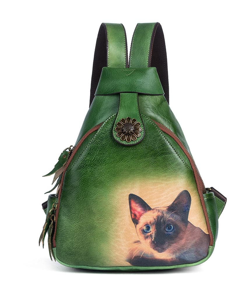 Classy Green kitten Print Calf Leather Backpack Bag BGS211230