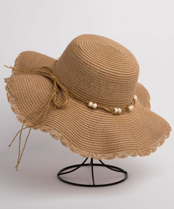 Classy Khaki Nail bead Straw Woven UPF 50+ Floppy Sun Hat dylinoshop