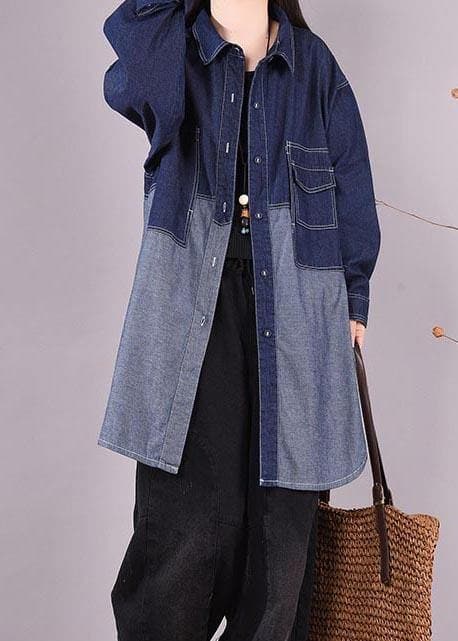 Classy Lapel Patchwork Crane Tops Sleeve Denim Dark Blue Blouses LTP210116