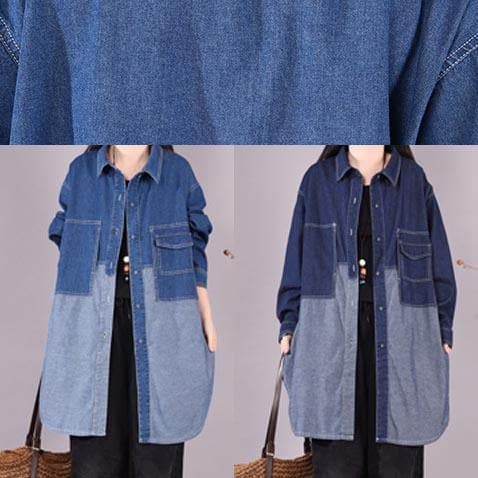 Classy Lapel Patchwork Crane Tops Sleeve Denim Dark Blue Blouses LTP210116