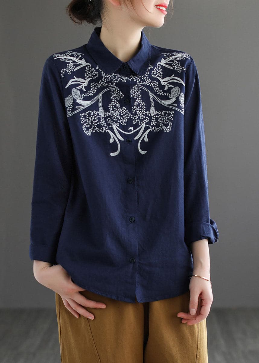 Classy Navy Peter Pan Collar Embroideried Cotton Blouses Long Sleeve GK-LTP220815