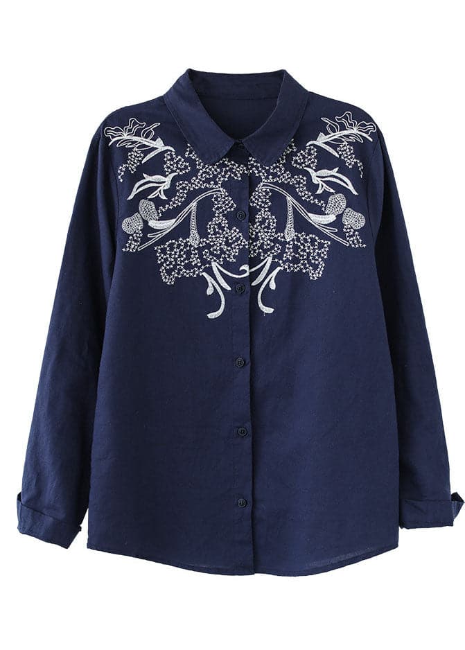 Classy Navy Peter Pan Collar Embroideried Cotton Blouses Long Sleeve GK-LTP220815