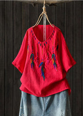 Classy Red Embroideried low high design V Neck Linen Shirt Top Short Sleeve GK-STP220228