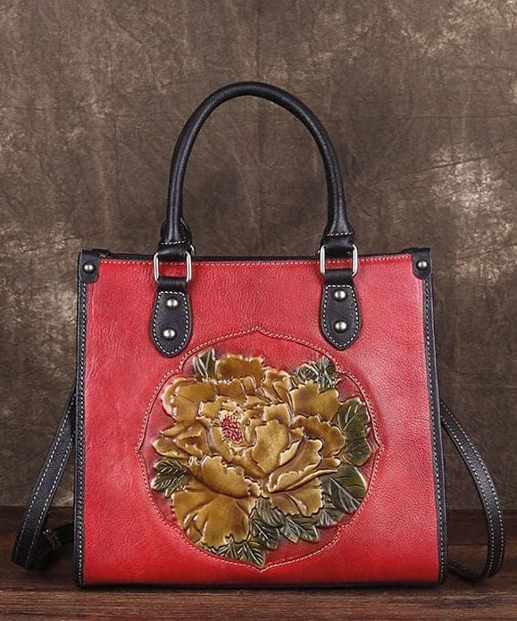 Classy Red Floral Paitings Calf Leather Tote Handbag BGS220210