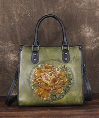 Classy Red Floral Paitings Calf Leather Tote Handbag BGS220210