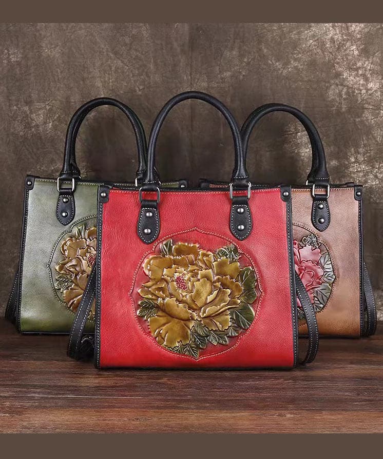 Classy Red Floral Paitings Calf Leather Tote Handbag BGS220210