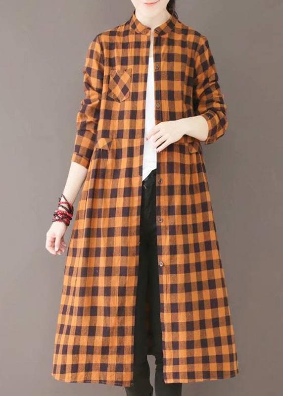 Classy Stand Collar Pockets Spring Dresses Yellow Plaid Art Dress TCT210101