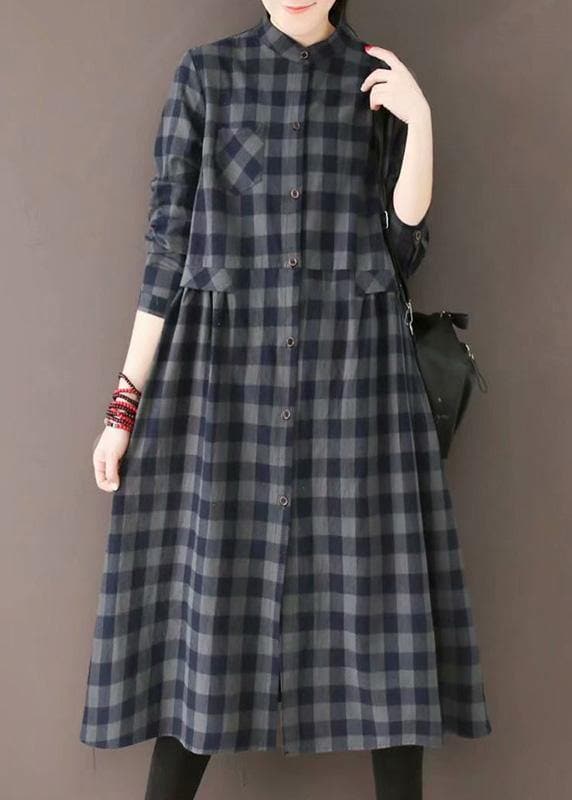 Classy Stand Collar Pockets Spring Dresses Yellow Plaid Art Dress TCT210101