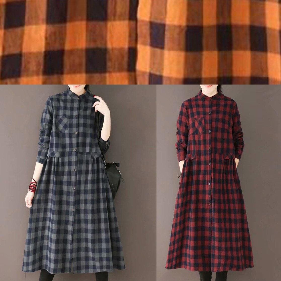 Classy Stand Collar Pockets Spring Dresses Yellow Plaid Art Dress TCT210101