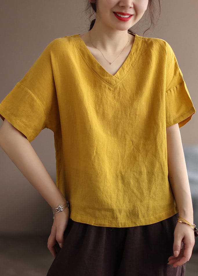 Classy Yellow Solid V Neck Patchwork Linen Tops Short Sleeve GK-STP220509